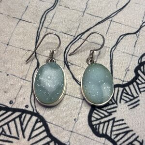 Teal Druzy 925 Sterling Silver Polished Stone Oval Shaped Dangle Earrings